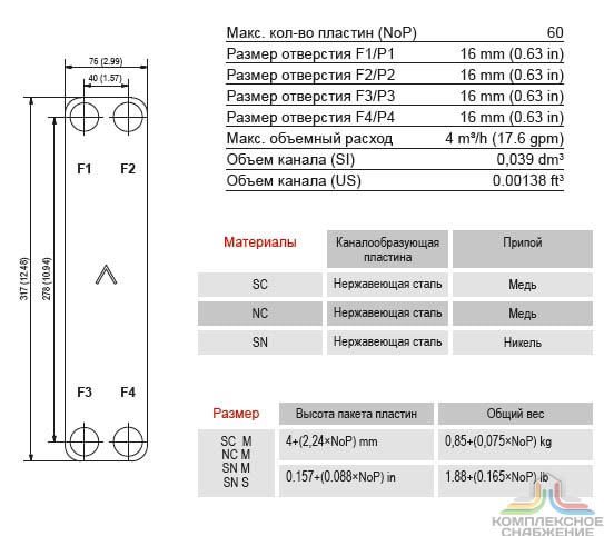 Габаритный чертёж и параметры паяного пластинчатого теплообменника SWEP B8T